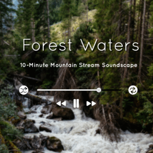 Mountain stream flowing gently through a forest, representing peaceful nature ambience for meditation or sleep