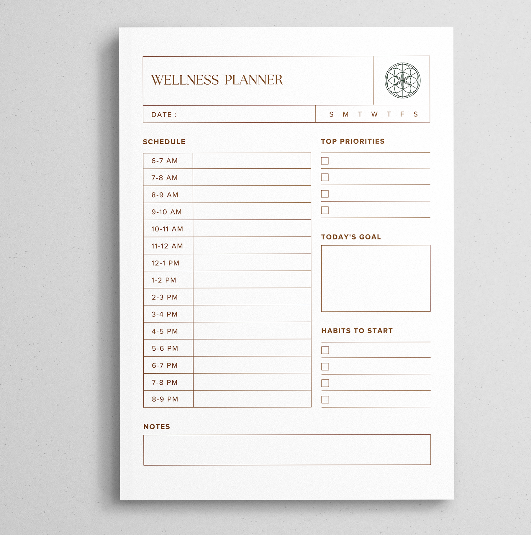 Printable daily planner with to-do list, top priorities, and notes sections in minimalist design